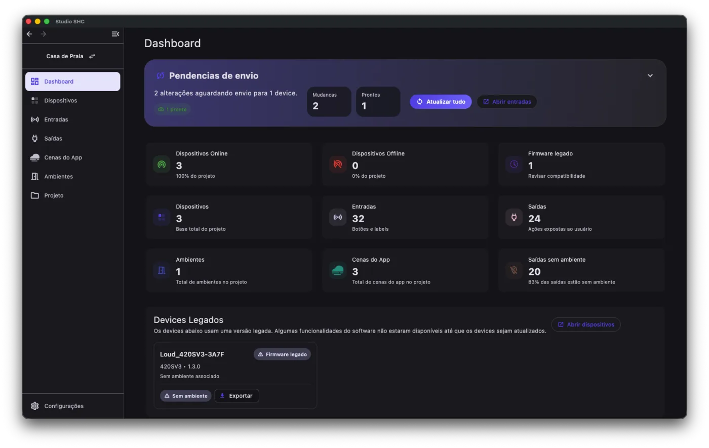 Studio SHC — software de configuração Xcene (tela do dashboard)